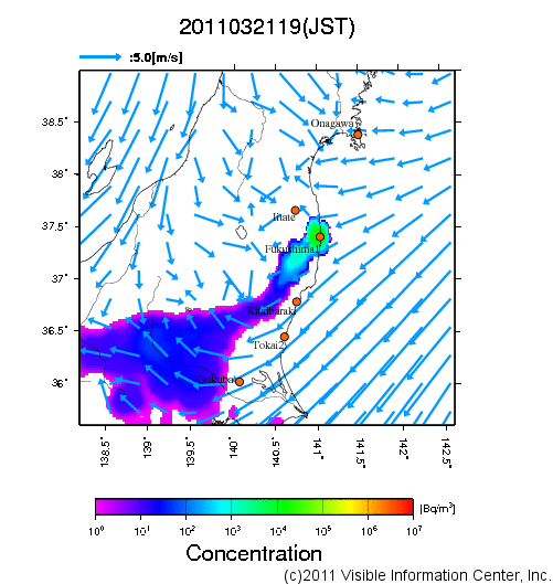 大気中濃度分布[Bq/m3]　2011032119