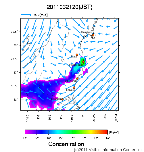 地表付近 大気中濃度分布[Bq/m3]　2011-03-21 20時