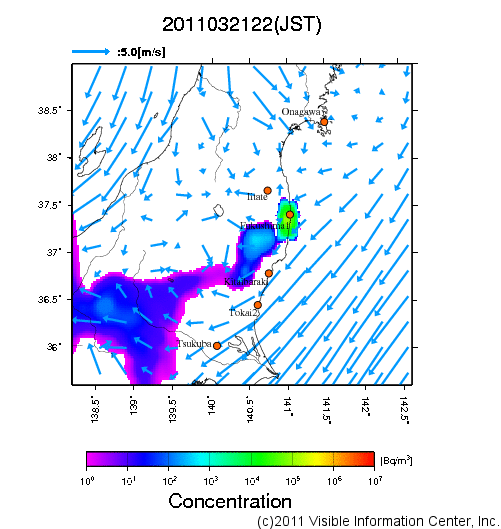 大気中濃度分布[Bq/m3]　2011032122