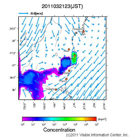 大気中濃度分布[Bq/m3]　2011032123