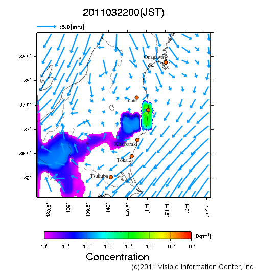 大気中濃度分布[Bq/m3]　2011032200