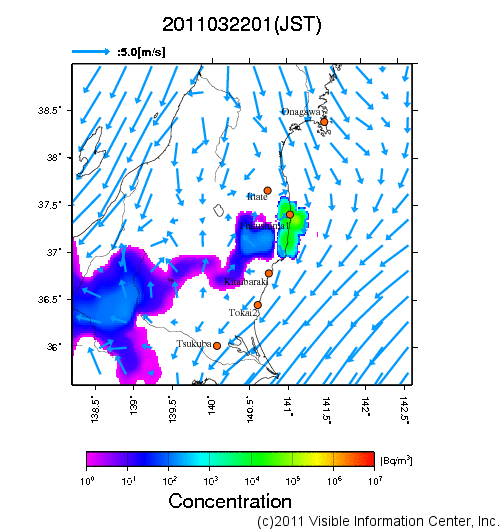 大気中濃度分布[Bq/m3]　2011032201