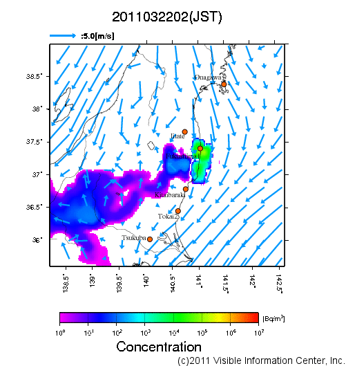 大気中濃度分布[Bq/m3]　2011032202