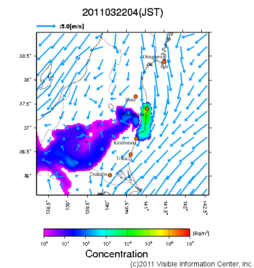 大気中濃度分布[Bq/m3]　2011032204