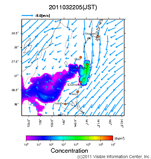 大気中濃度分布[Bq/m3]　2011032205