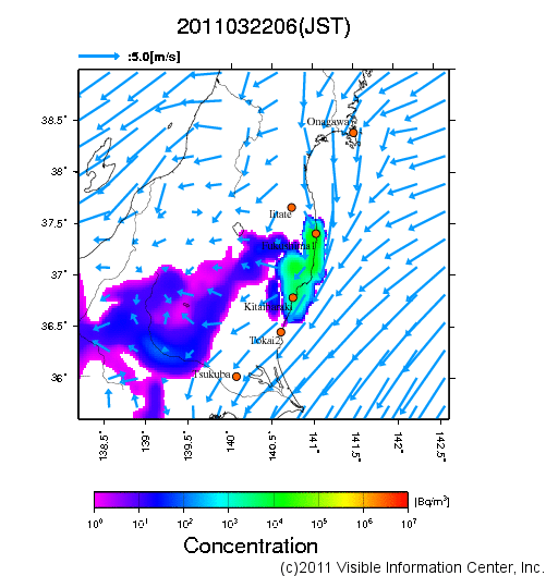 大気中濃度分布[Bq/m3]　2011032206