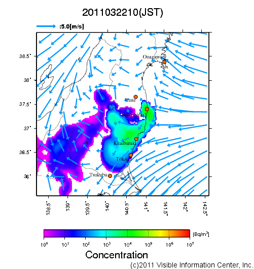 地表付近 大気中濃度分布[Bq/m3]　2011-03-22 10時