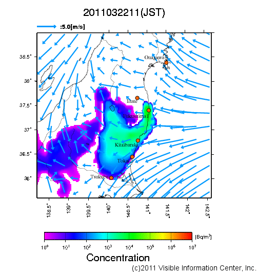 大気中濃度分布[Bq/m3]　2011032211