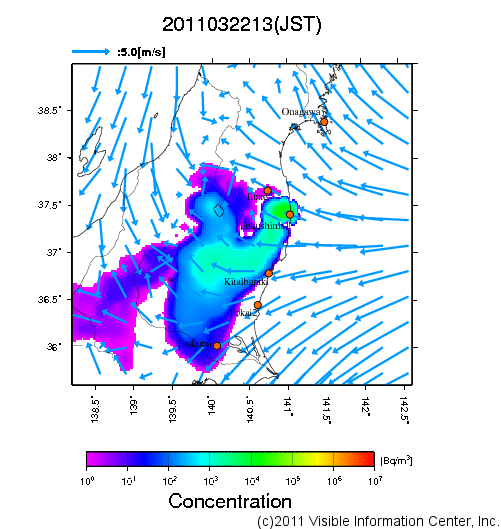 大気中濃度分布[Bq/m3]　2011032213