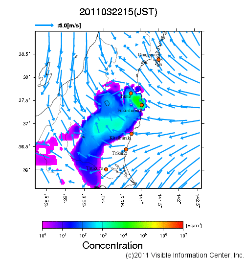 大気中濃度分布[Bq/m3]　2011032215