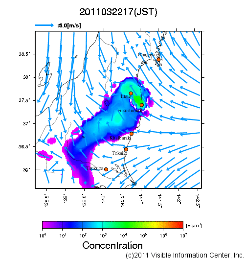 大気中濃度分布[Bq/m3]　2011032217