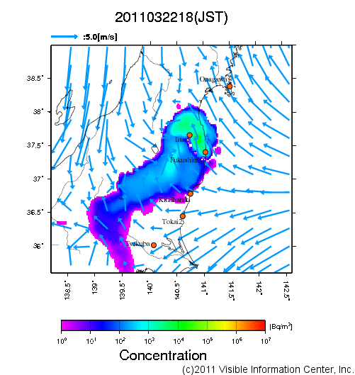 大気中濃度分布[Bq/m3]　2011032218