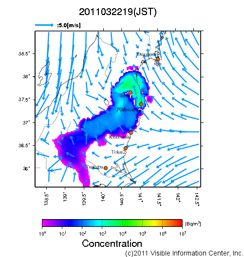 地表付近 大気中濃度分布[Bq/m3]　2011-03-22 19時