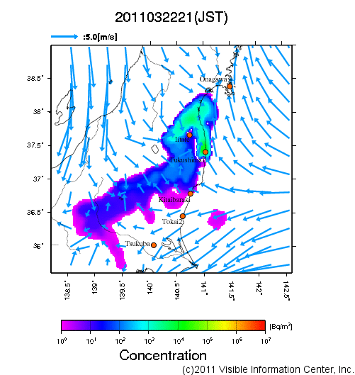 地表付近 大気中濃度分布[Bq/m3]　2011-03-22 21時