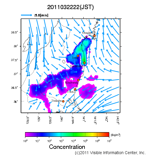 大気中濃度分布[Bq/m3]　2011032222