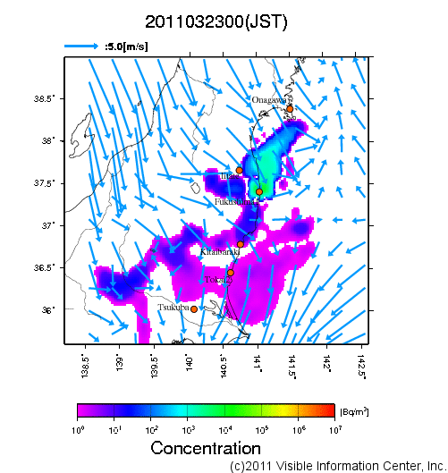 大気中濃度分布[Bq/m3]　2011032300