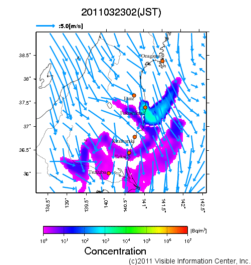 大気中濃度分布[Bq/m3]　2011032302