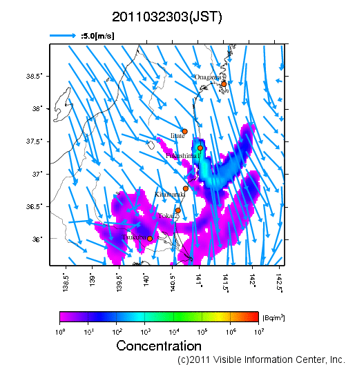 大気中濃度分布[Bq/m3]　2011032303