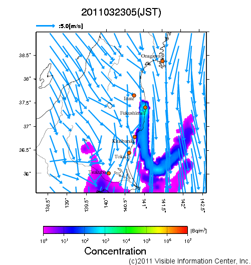 大気中濃度分布[Bq/m3]　2011032305