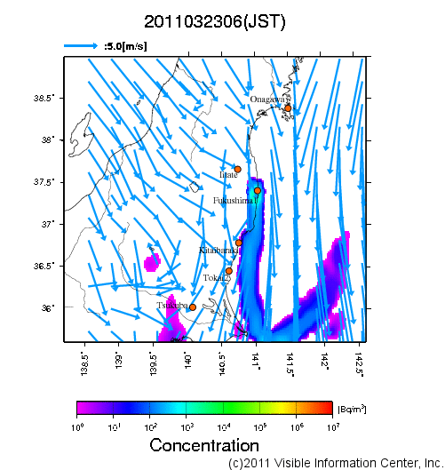 大気中濃度分布[Bq/m3]　2011032306