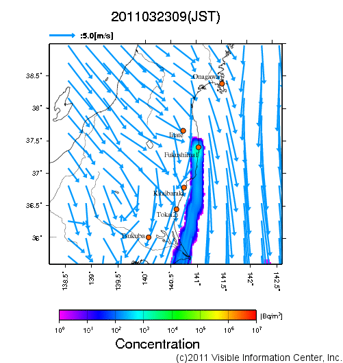 地表付近 大気中濃度分布[Bq/m3]　2011-03-23 09時