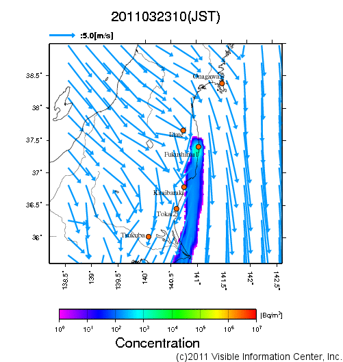 地表付近 大気中濃度分布[Bq/m3]　2011-03-23 10時