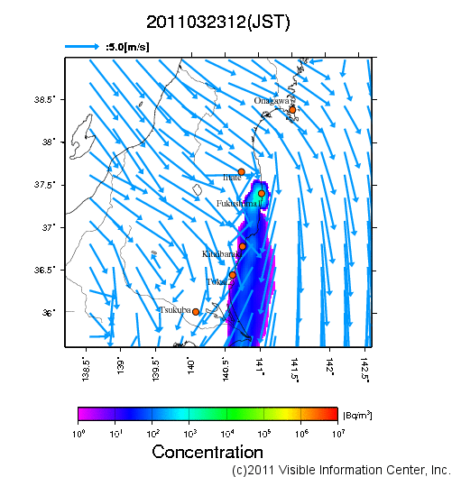 地表付近 大気中濃度分布[Bq/m3]　2011-03-23 12時