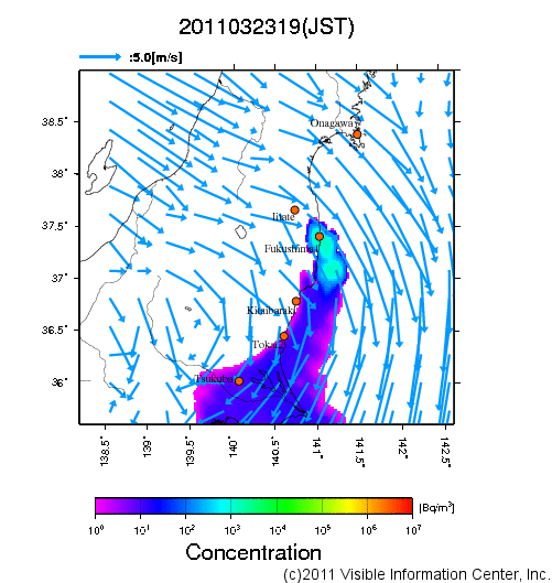 地表付近 大気中濃度分布[Bq/m3]　2011-03-23 19時