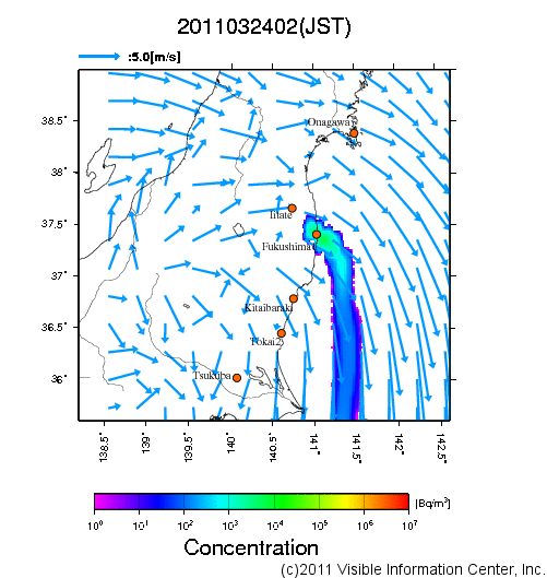 地表付近 大気中濃度分布[Bq/m3]　2011-03-24 02時