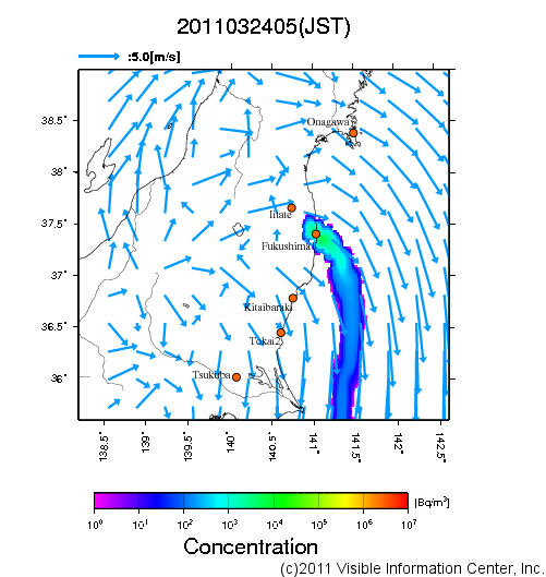 地表付近 大気中濃度分布[Bq/m3]　2011-03-24 05時