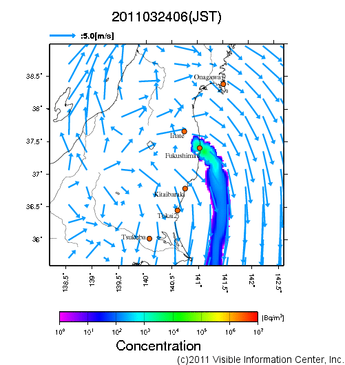 大気中濃度分布[Bq/m3]　2011032406