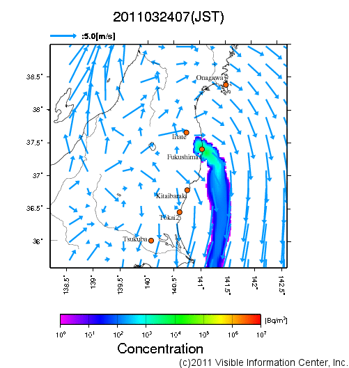 大気中濃度分布[Bq/m3]　2011032407