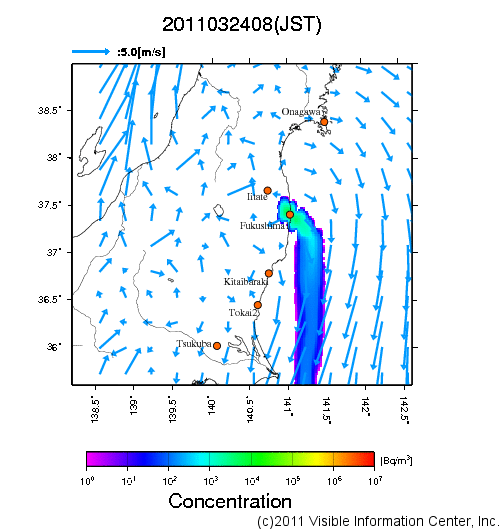 大気中濃度分布[Bq/m3]　2011032408