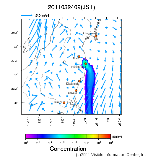 大気中濃度分布[Bq/m3]　2011032409
