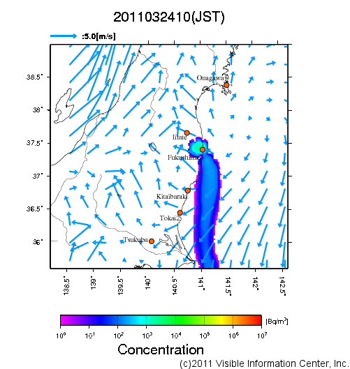 大気中濃度分布[Bq/m3]　2011032410