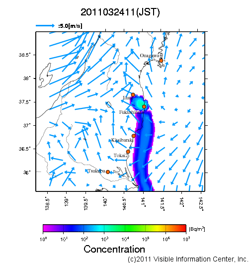 地表付近 大気中濃度分布[Bq/m3]　2011-03-24 11時