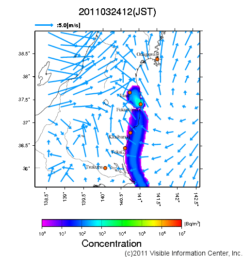 地表付近 大気中濃度分布[Bq/m3]　2011-03-24 12時