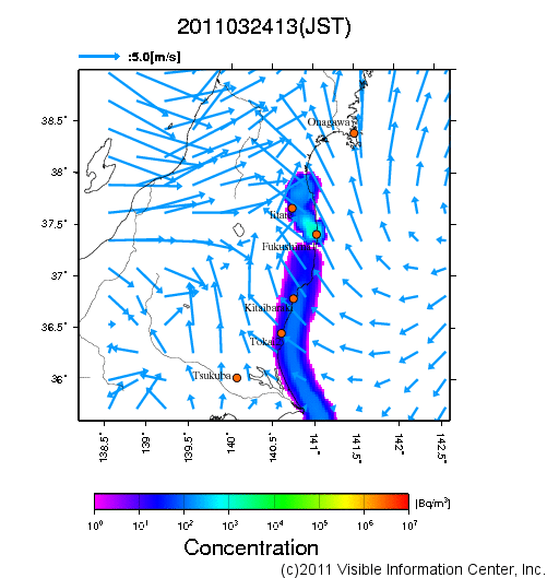大気中濃度分布[Bq/m3]　2011032413