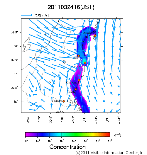 大気中濃度分布[Bq/m3]　2011032416