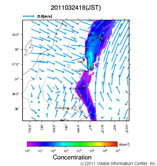 地表付近 大気中濃度分布[Bq/m3]　2011-03-24 18時