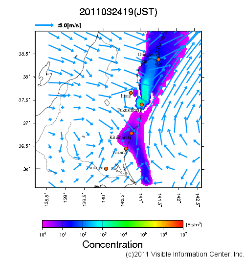 大気中濃度分布[Bq/m3]　2011032419