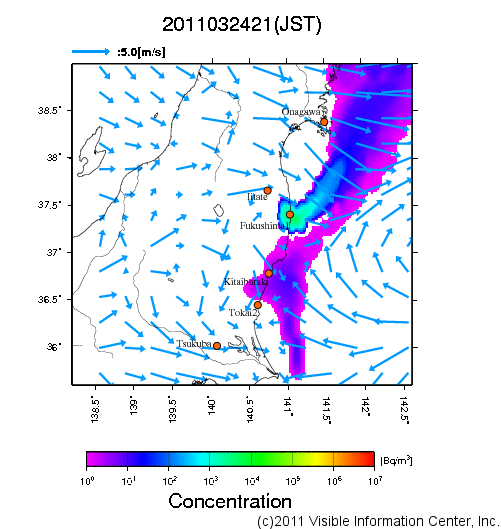 大気中濃度分布[Bq/m3]　2011032421