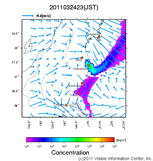 大気中濃度分布[Bq/m3]　2011032423