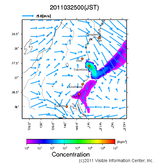 大気中濃度分布[Bq/m3]　2011032500