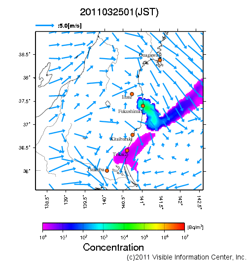 大気中濃度分布[Bq/m3]　2011032501