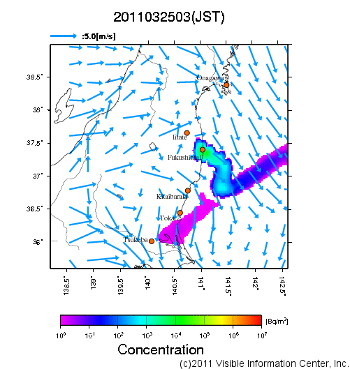 大気中濃度分布[Bq/m3]　2011032503