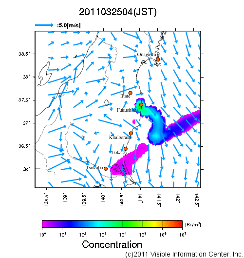 大気中濃度分布[Bq/m3]　2011032504