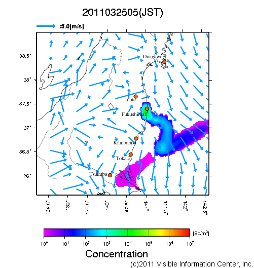 大気中濃度分布[Bq/m3]　2011032505