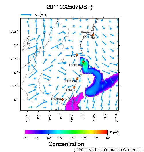 大気中濃度分布[Bq/m3]　2011032507