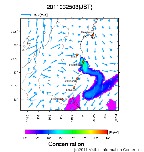 大気中濃度分布[Bq/m3]　2011032508